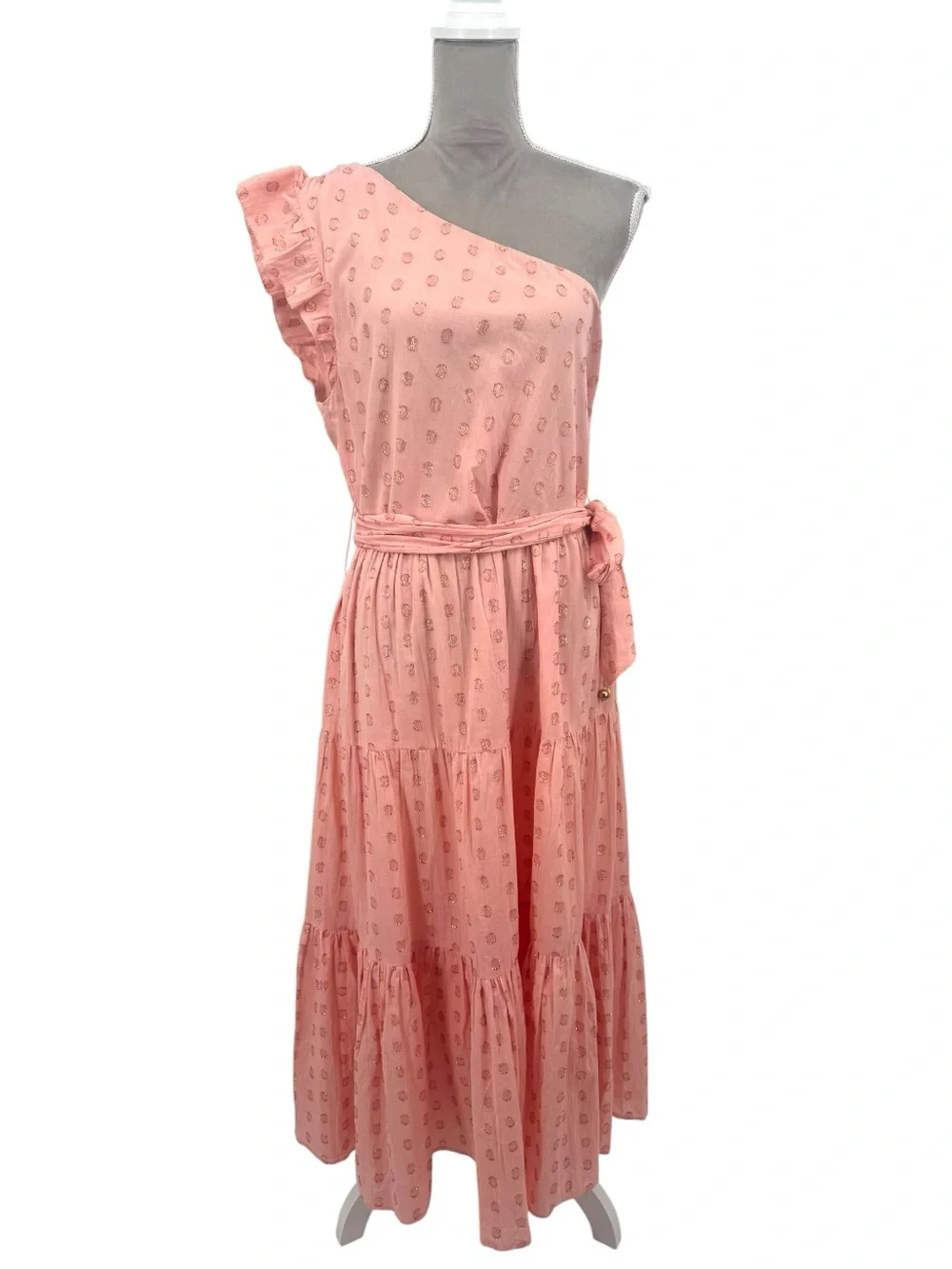 Karina Grimaldi Pauline Dot Dress Blush One Shoulder Midi Size Large - Picture 8 of 14